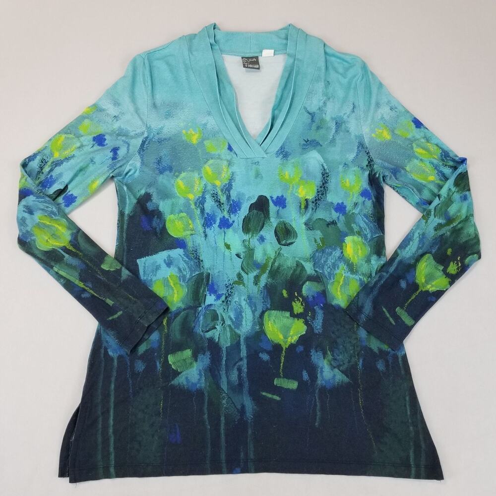 Dolcezza Simply Art Womens M Blue Green Floral Art to Wear Tunic Top 70631